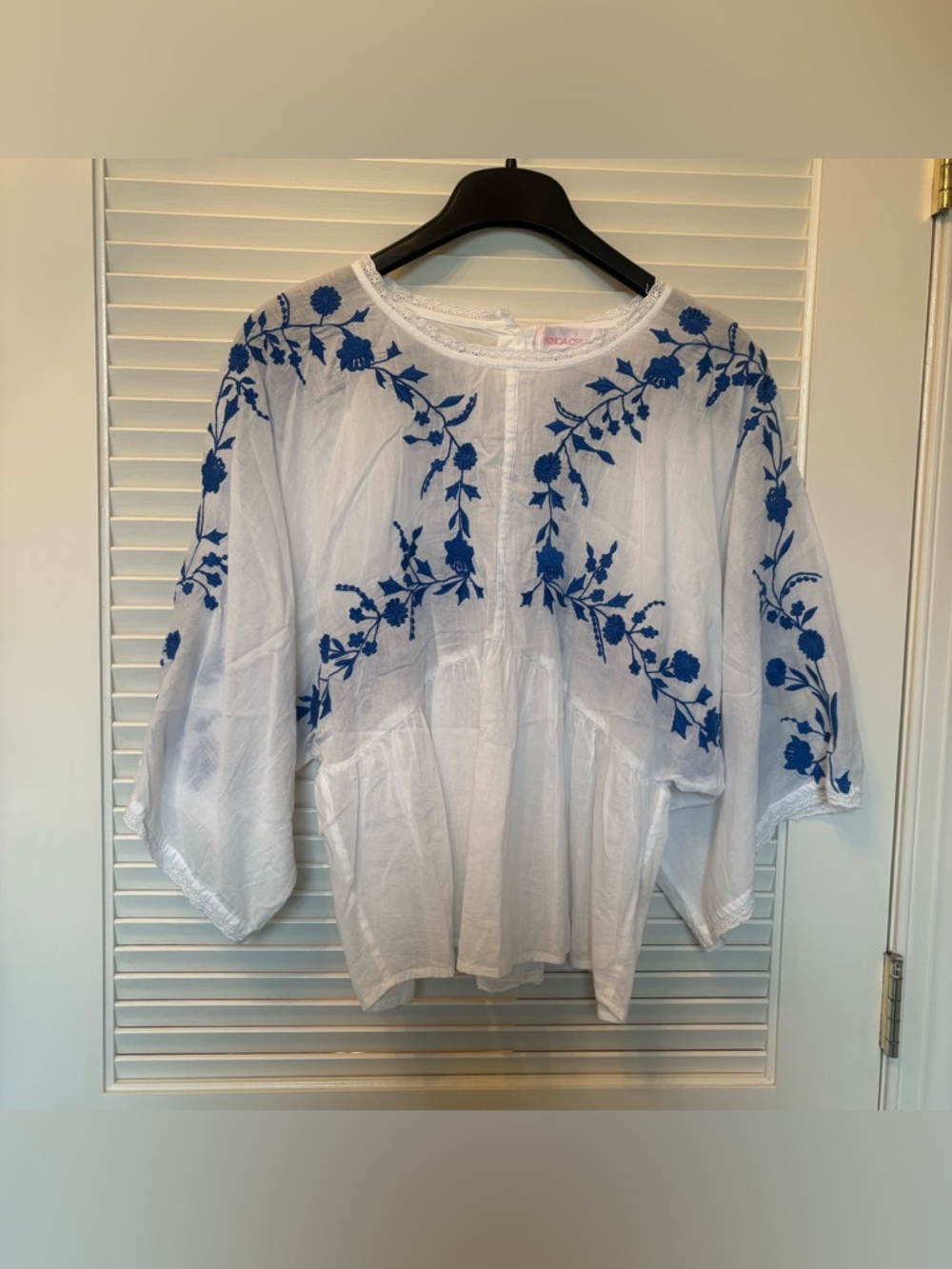 Kinga Csilla white boho top with blue floral embroidery